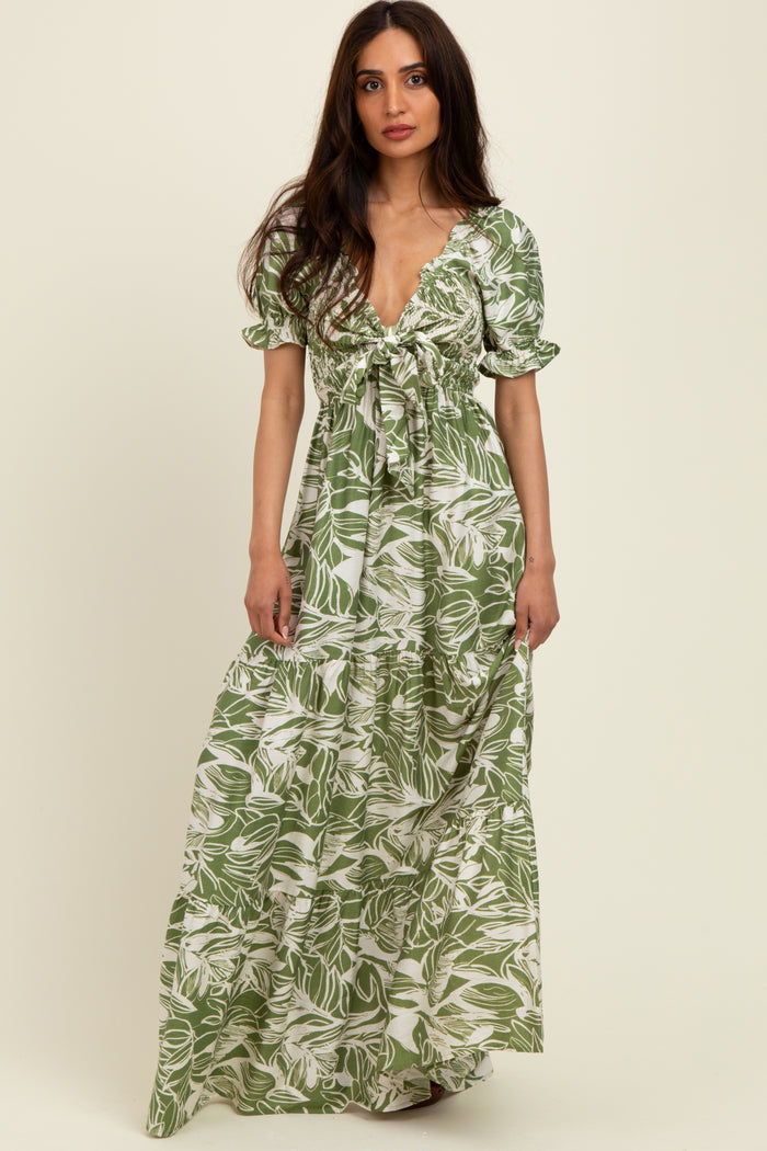 Green Tropical Print Smocked Front Tie Maternity Maxi Dress