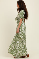 Green Tropical Print Smocked Front Tie Maxi Dress
