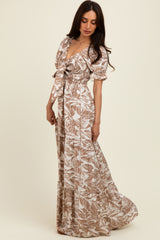 Taupe Tropical Print Smocked Front Tie Maternity Maxi Dress