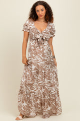 Taupe Tropical Print Smocked Front Tie Maternity Maxi Dress