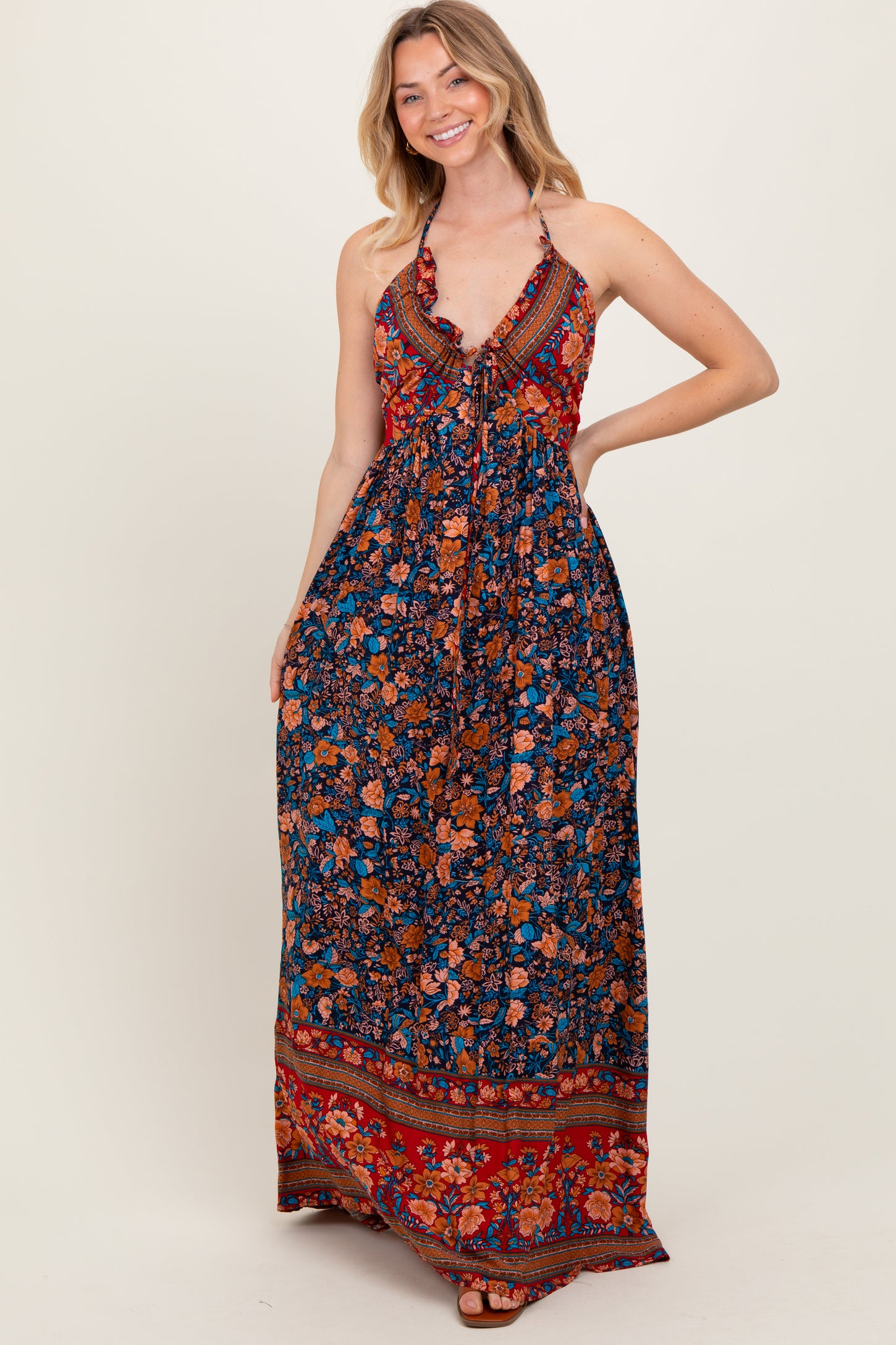 Navy Floral Colorblock Halter Tie Back Maternity Maxi Dress