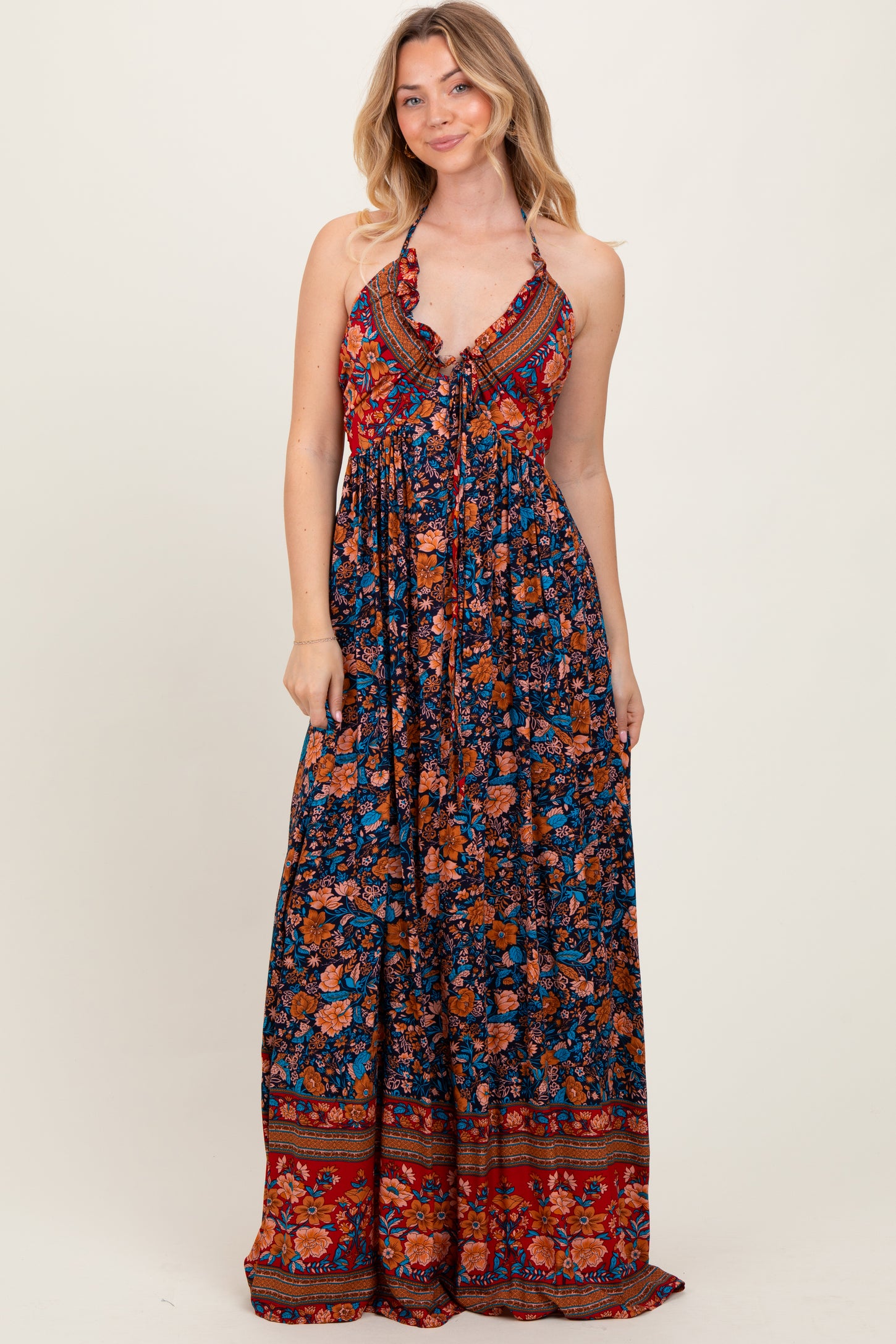Navy Floral Colorblock Halter Tie Back Maxi Dress