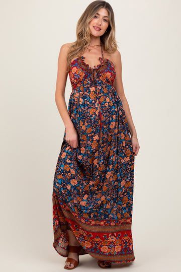 Navy Floral Colorblock Halter Tie Back Maternity Maxi Dress