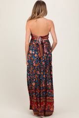 Navy Floral Colorblock Halter Tie Back Maternity Maxi Dress