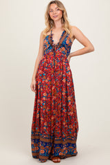Rust Floral Colorblock Halter Tie Back Maxi Dress