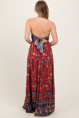 Rust Floral Colorblock Halter Tie Back Maxi Dress