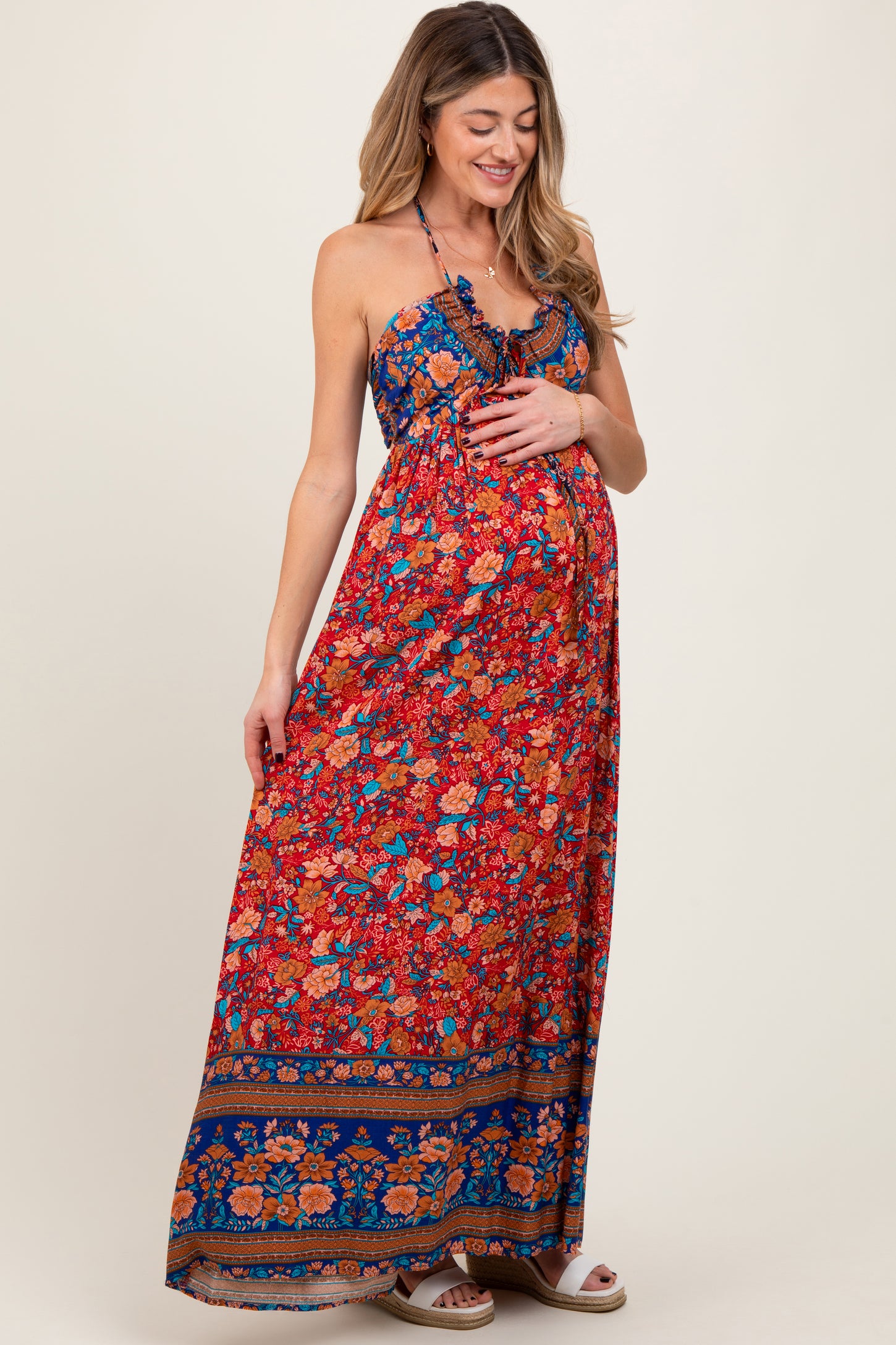 Rust Floral Colorblock Halter Tie Back Maternity Maxi Dress