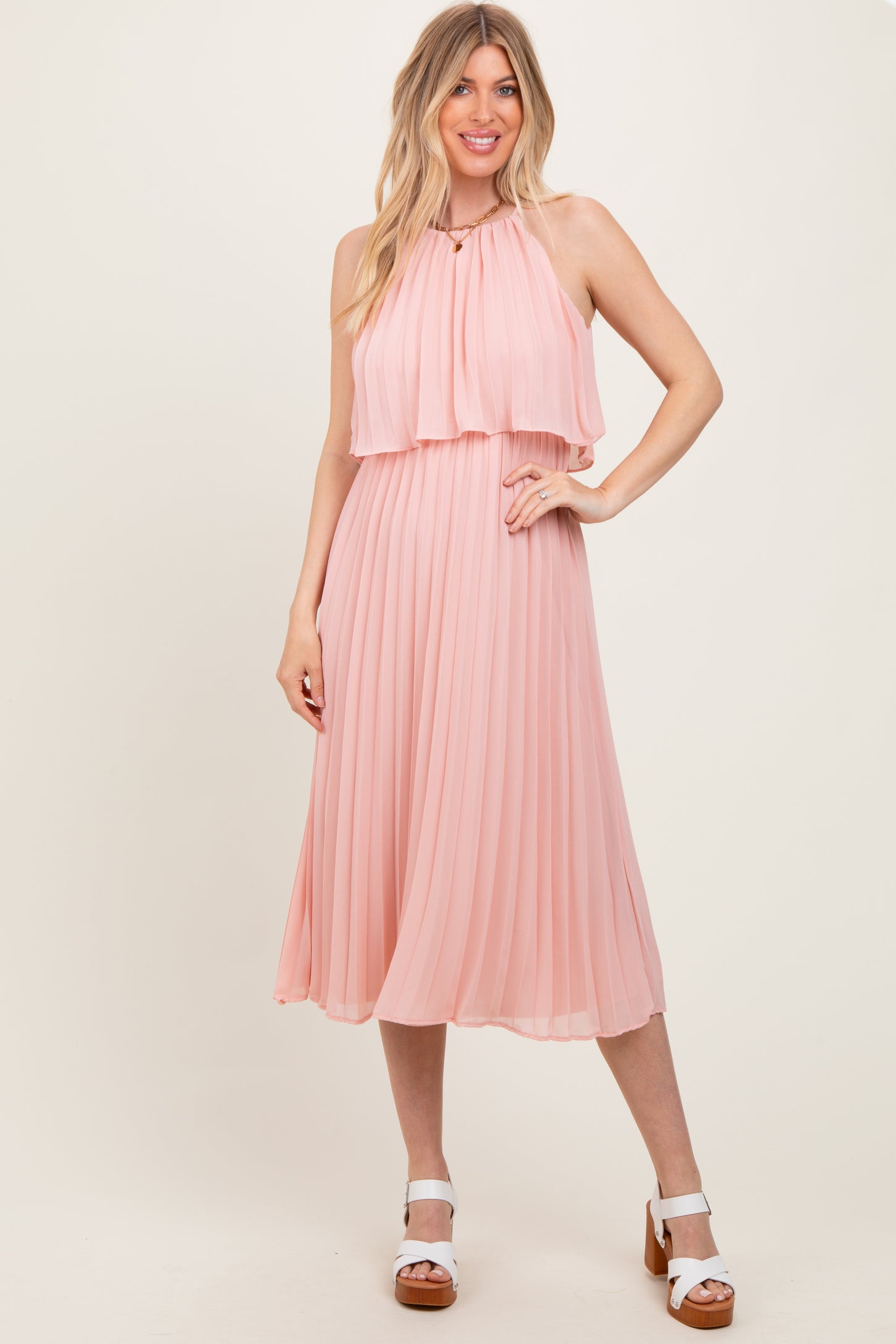 Pink Pleated Woven Maternity Midi Dress