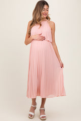 Pink Pleated Woven Maternity Midi Dress