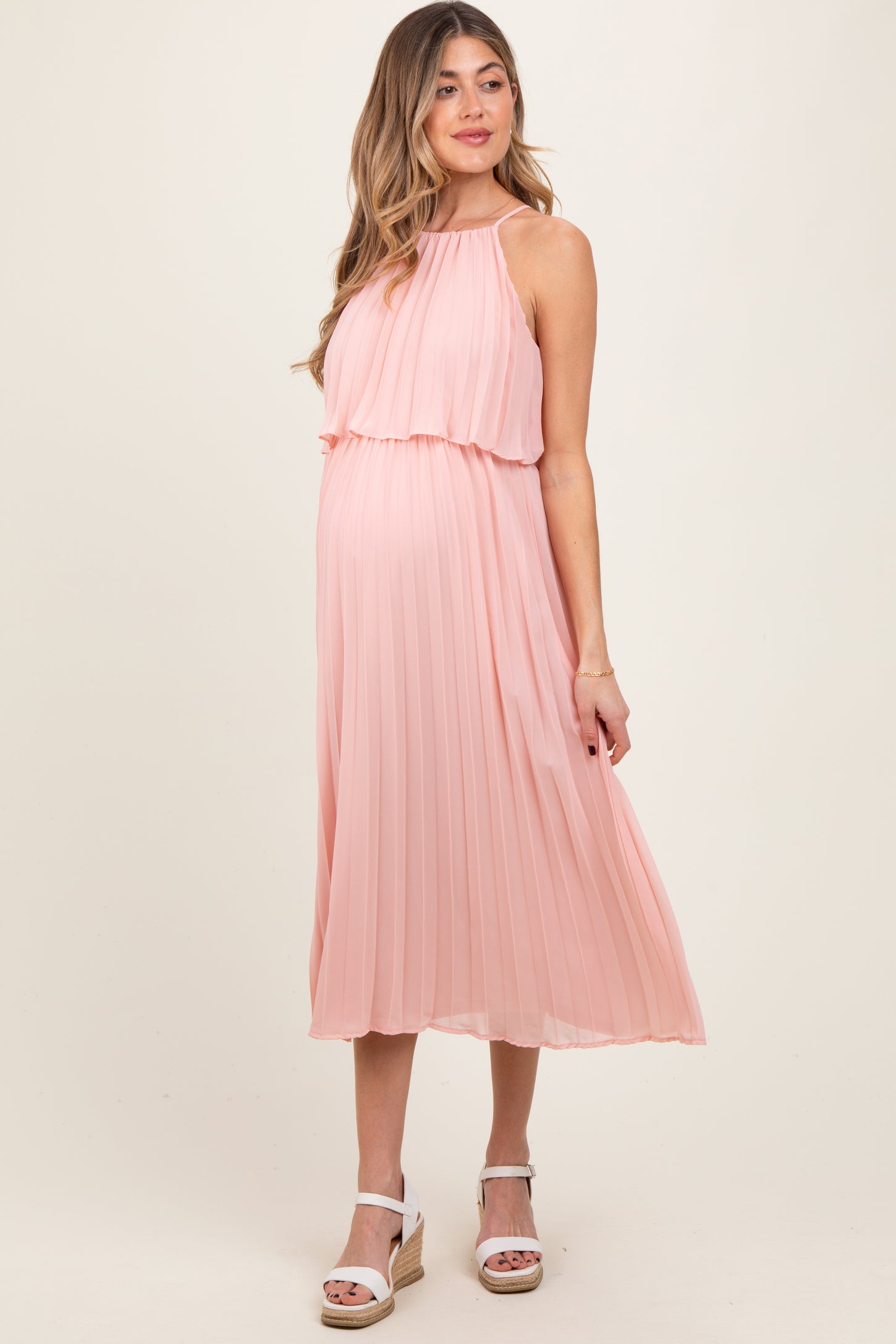 Pink Pleated Woven Maternity Midi Dress PinkBlush Pink Pleated Woven Maternity Midi Dress PinkBlush