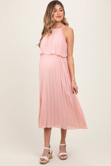 Pink Pleated Woven Maternity Midi Dress