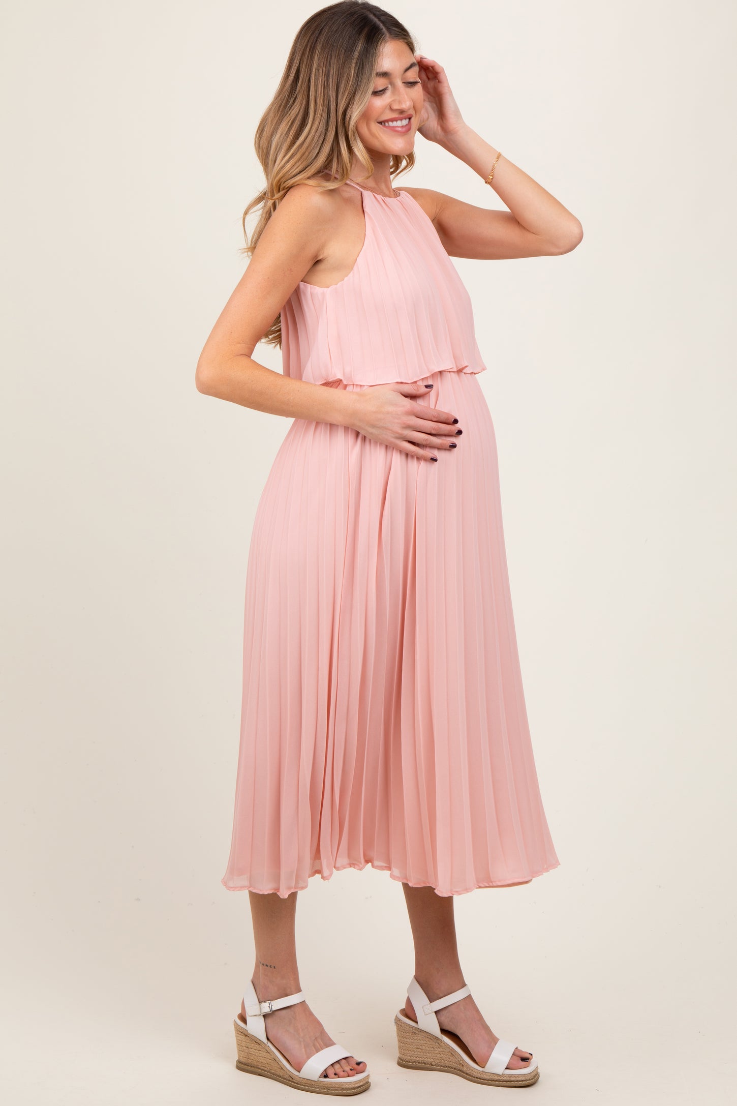 Pink Pleated Woven Maternity Midi Dress