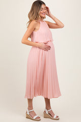 Pink Pleated Woven Maternity Midi Dress