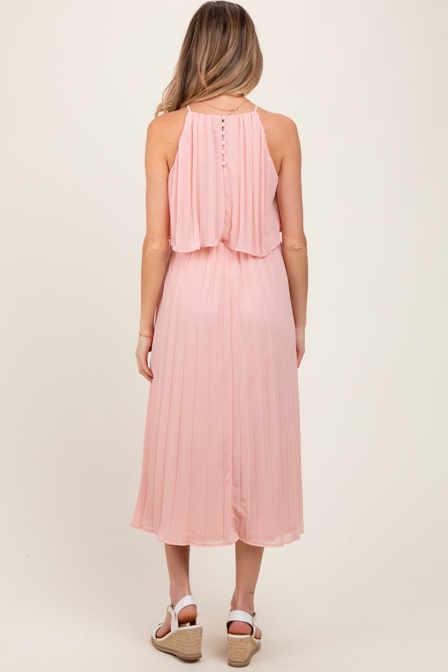 Pink Pleated Woven Maternity Midi Dress