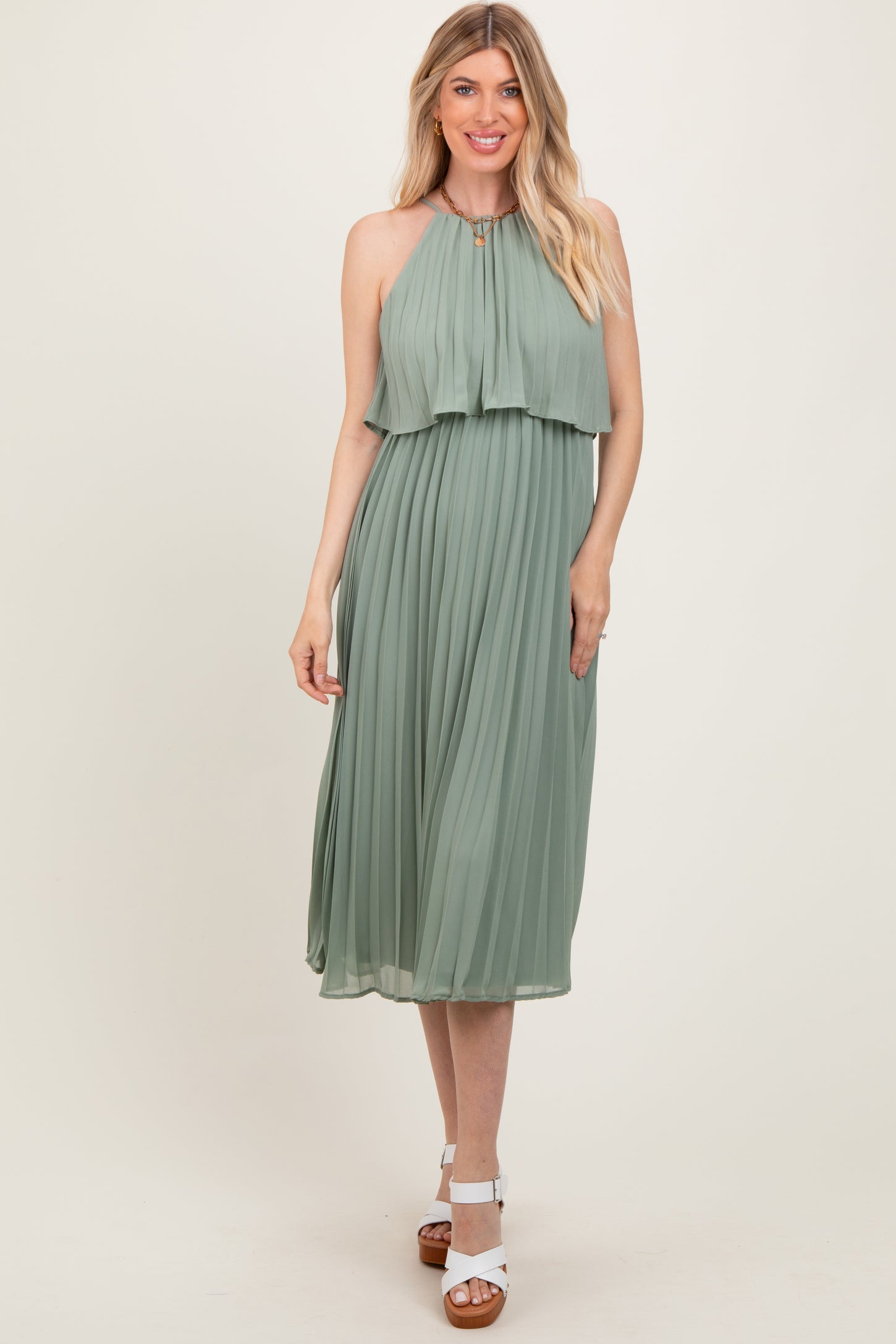 olive pleated midi dress Kris Pleated Maxi Dress