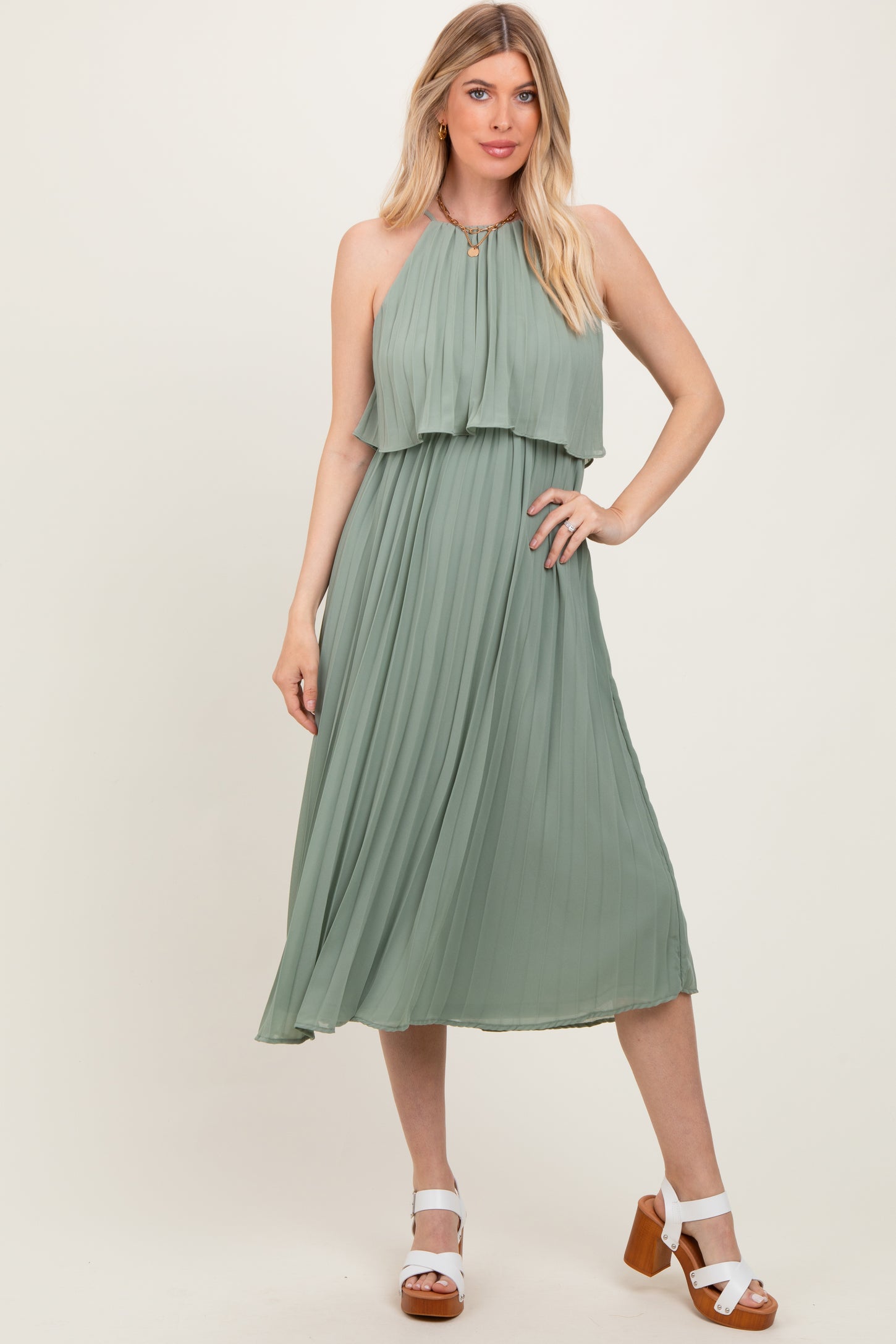 Light Olive Pleated Woven Maternity Midi Dress Small