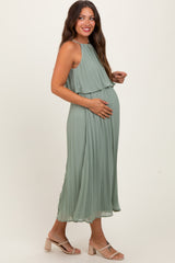 Light Olive Pleated Woven Maternity Midi Dress