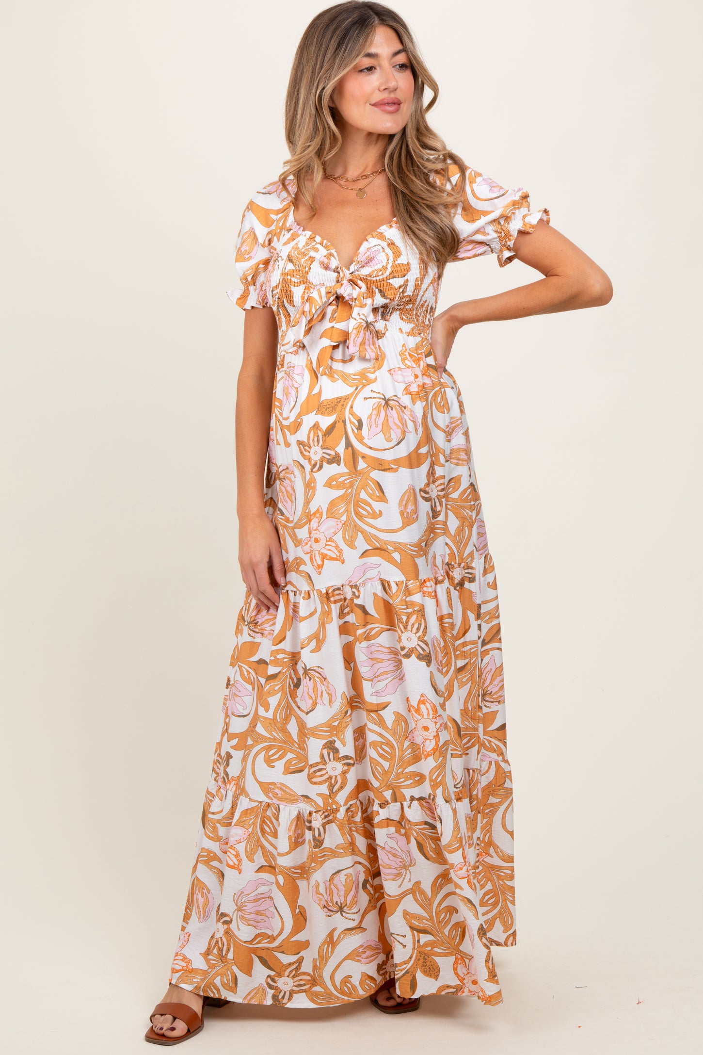 Taupe Floral Smocked Front Tie Maternity Maxi Dress