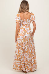 Taupe Floral Smocked Front Tie Maternity Maxi Dress
