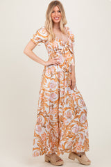 Taupe Floral Smocked Front Tie Maxi Dress