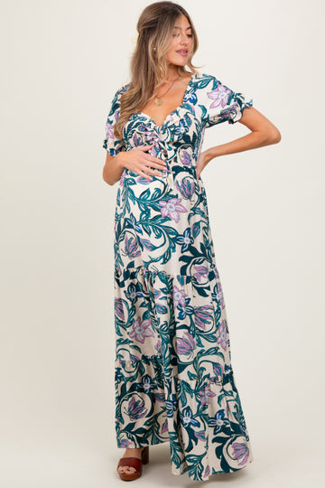 Teal Floral Smocked Front Tie Maternity Maxi Dress