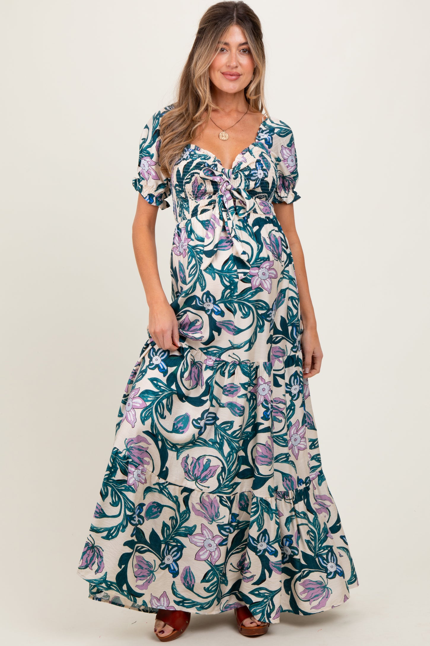 Teal Floral Smocked Front Tie Maternity Maxi Dress