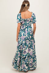 Teal Floral Smocked Front Tie Maternity Maxi Dress