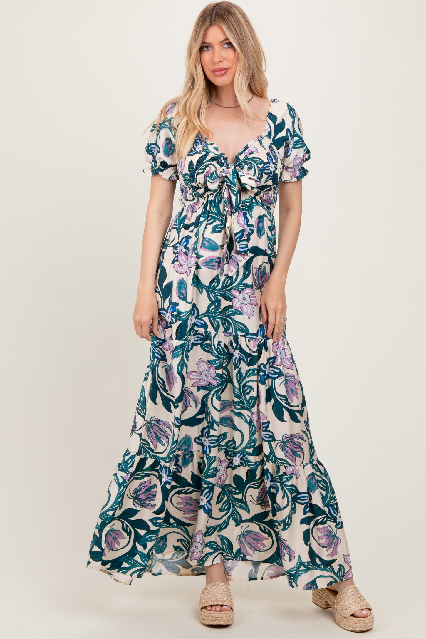 Teal Floral Smocked Front Tie Maxi Dress