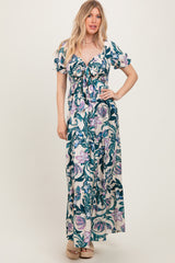 Teal Floral Smocked Front Tie Maxi Dress