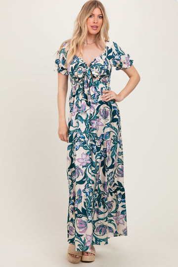 Teal Floral Smocked Front Tie Maxi Dress