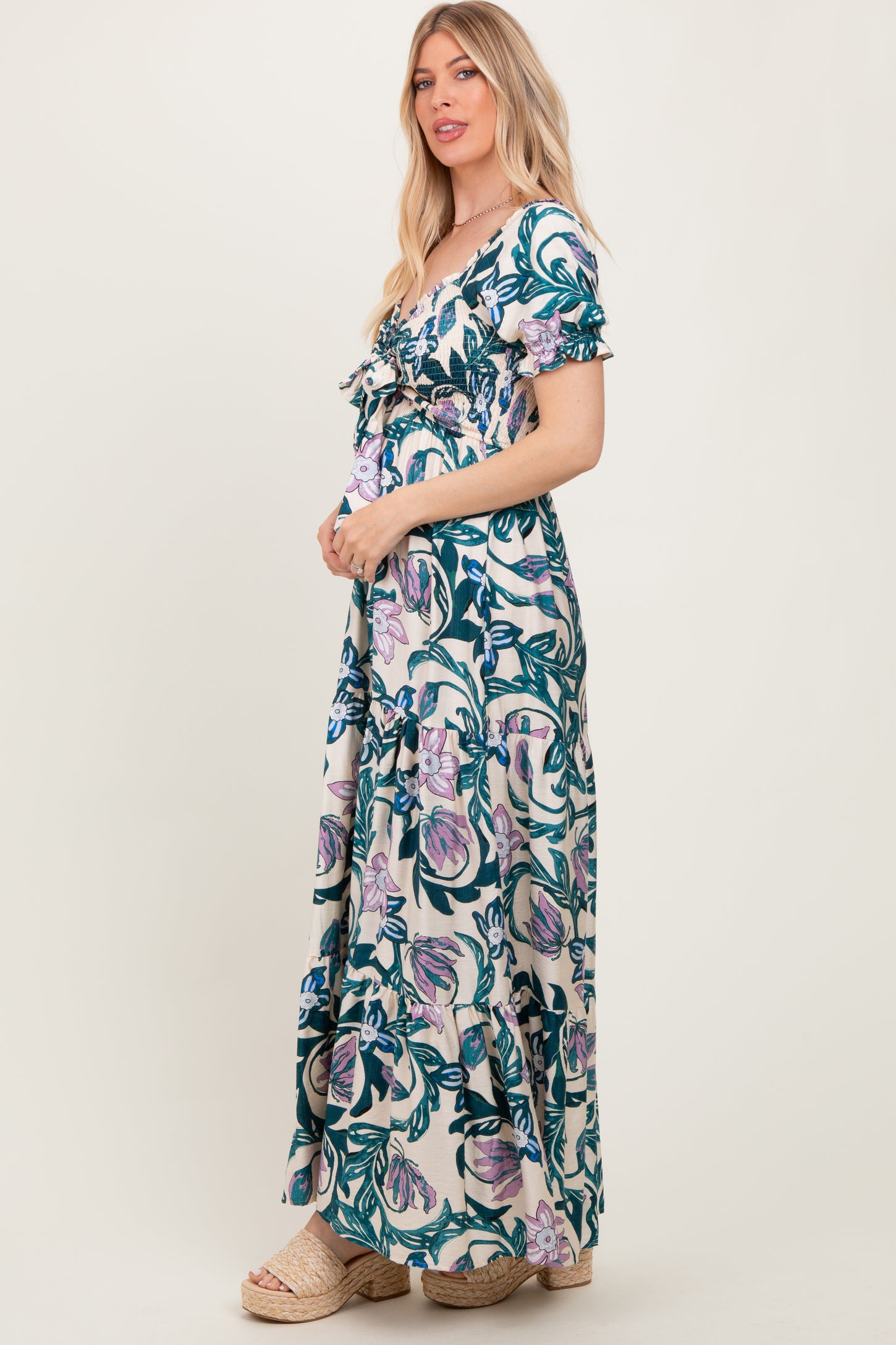Teal Floral Smocked Front Tie Maxi Dress