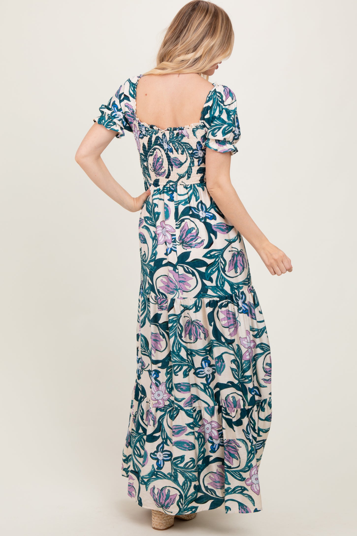 Teal Floral Smocked Front Tie Maxi Dress