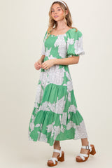 Green Floral Smocked Front Tie Cutout Maxi Dress