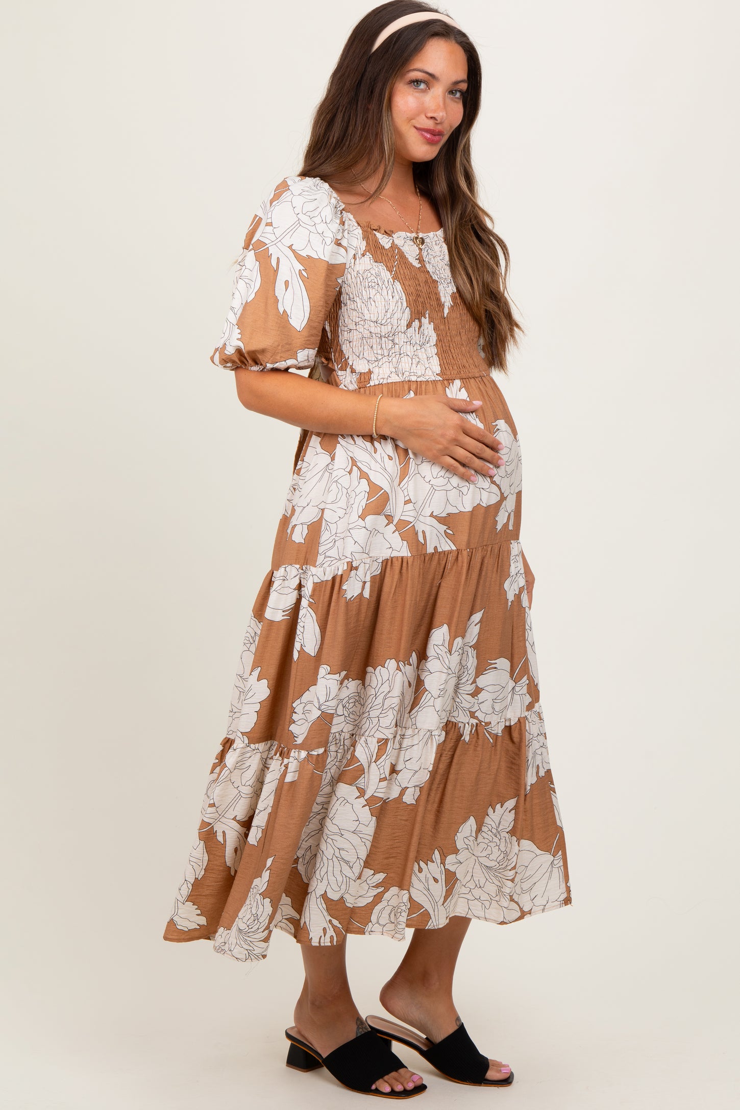 Mocha Floral Smocked Front Tie Cutout Maternity Maxi Dress
