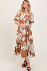 Mocha Floral Smocked Front Tie Cutout Maxi Dress