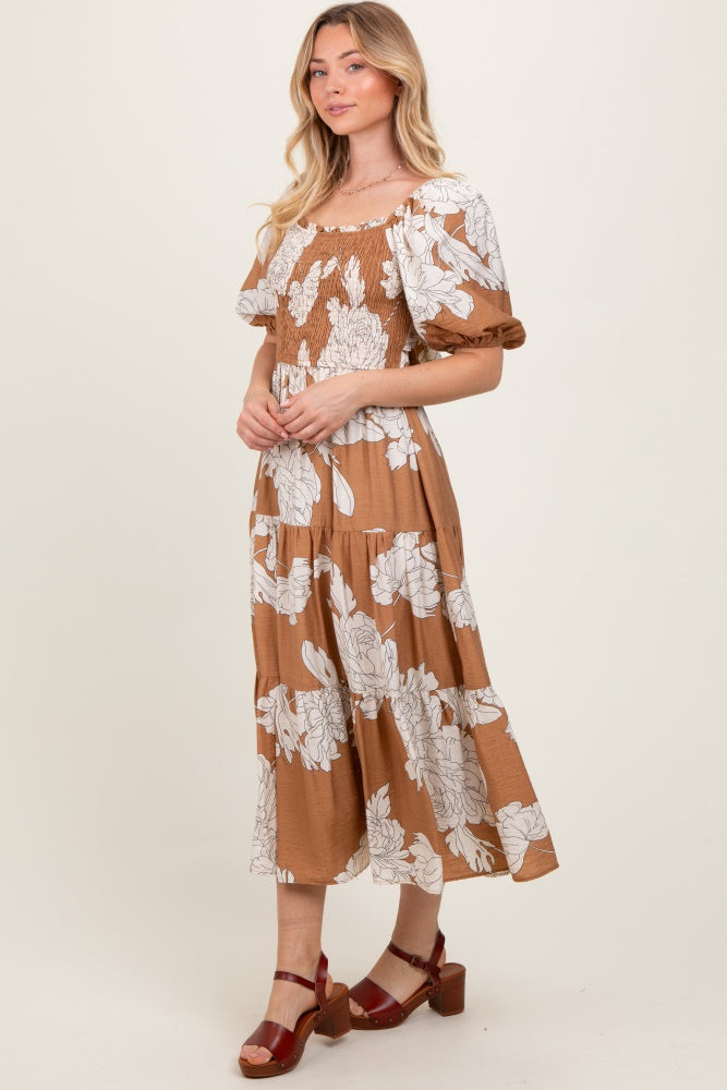 Mocha Floral Smocked Front Tie Cutout Maxi Dress