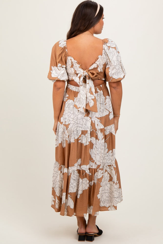 Mocha Floral Smocked Front Tie Cutout Maternity Maxi Dress