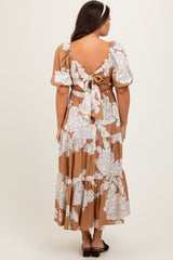 Mocha Floral Smocked Front Tie Cutout Maternity Maxi Dress
