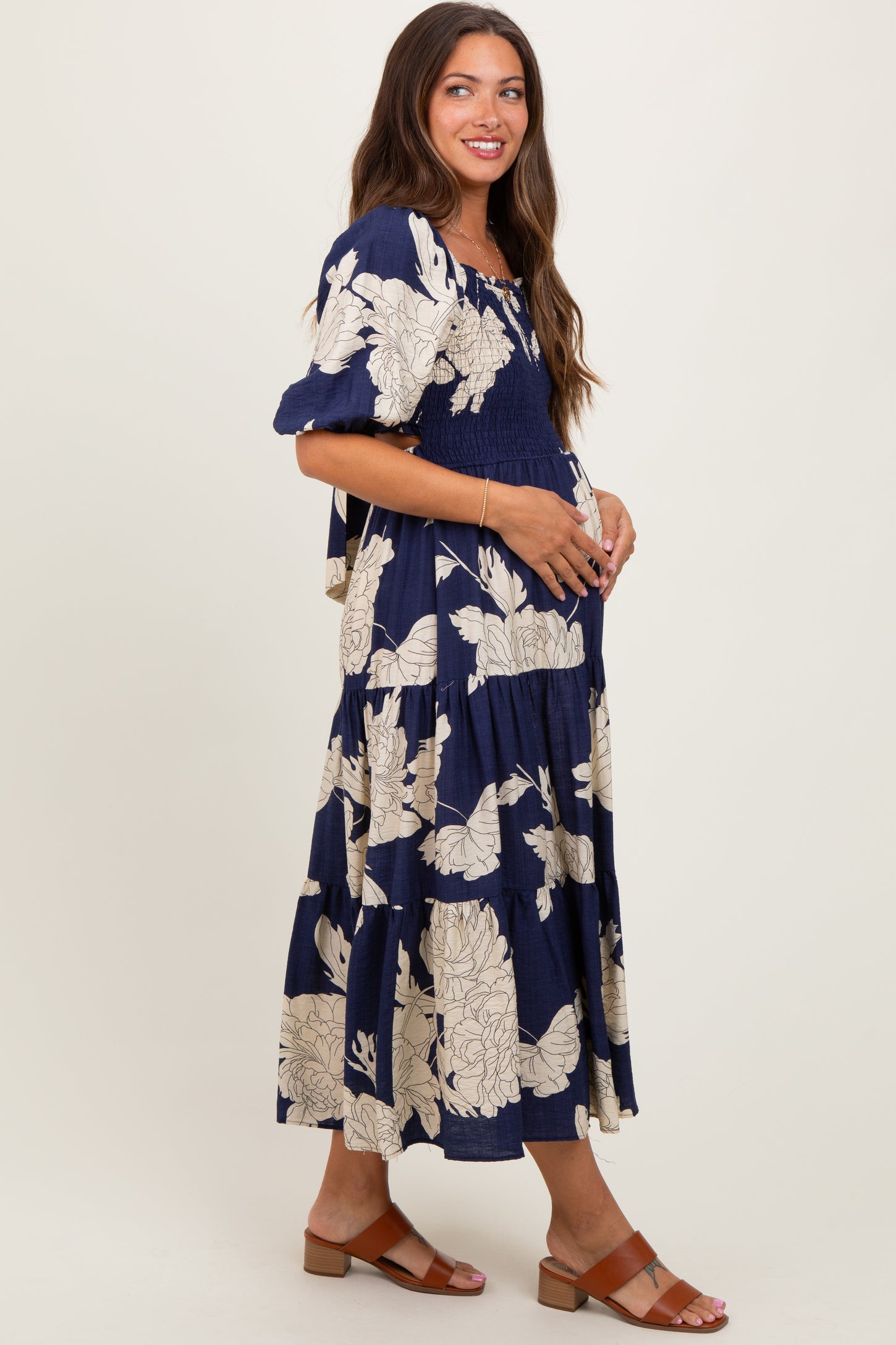 Navy Floral Smocked Front Tie Cutout Maternity Maxi Dress