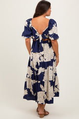 Navy Floral Smocked Front Tie Cutout Maternity Maxi Dress
