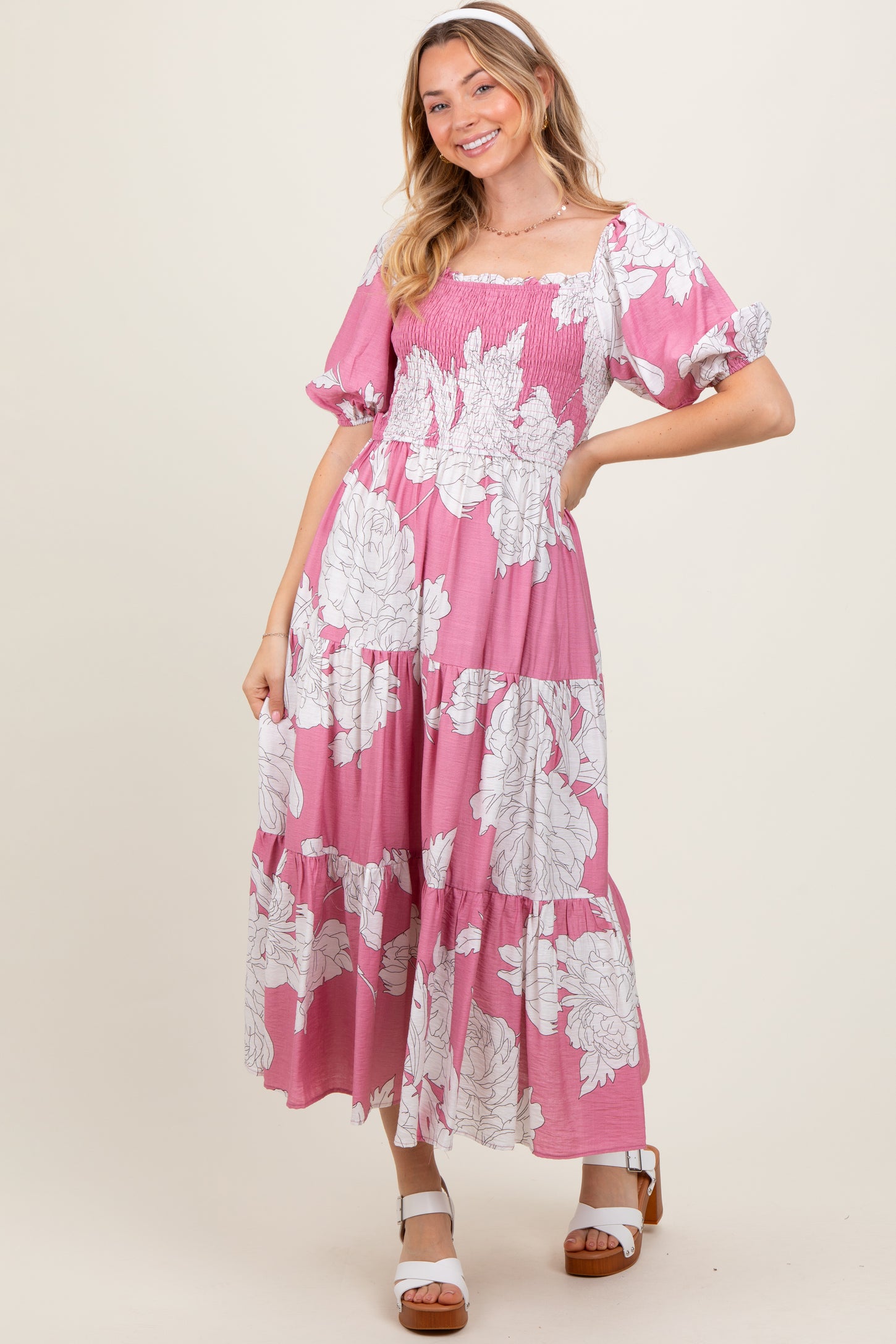 Pink Floral Smocked Front Tie Cutout Maxi Dress
