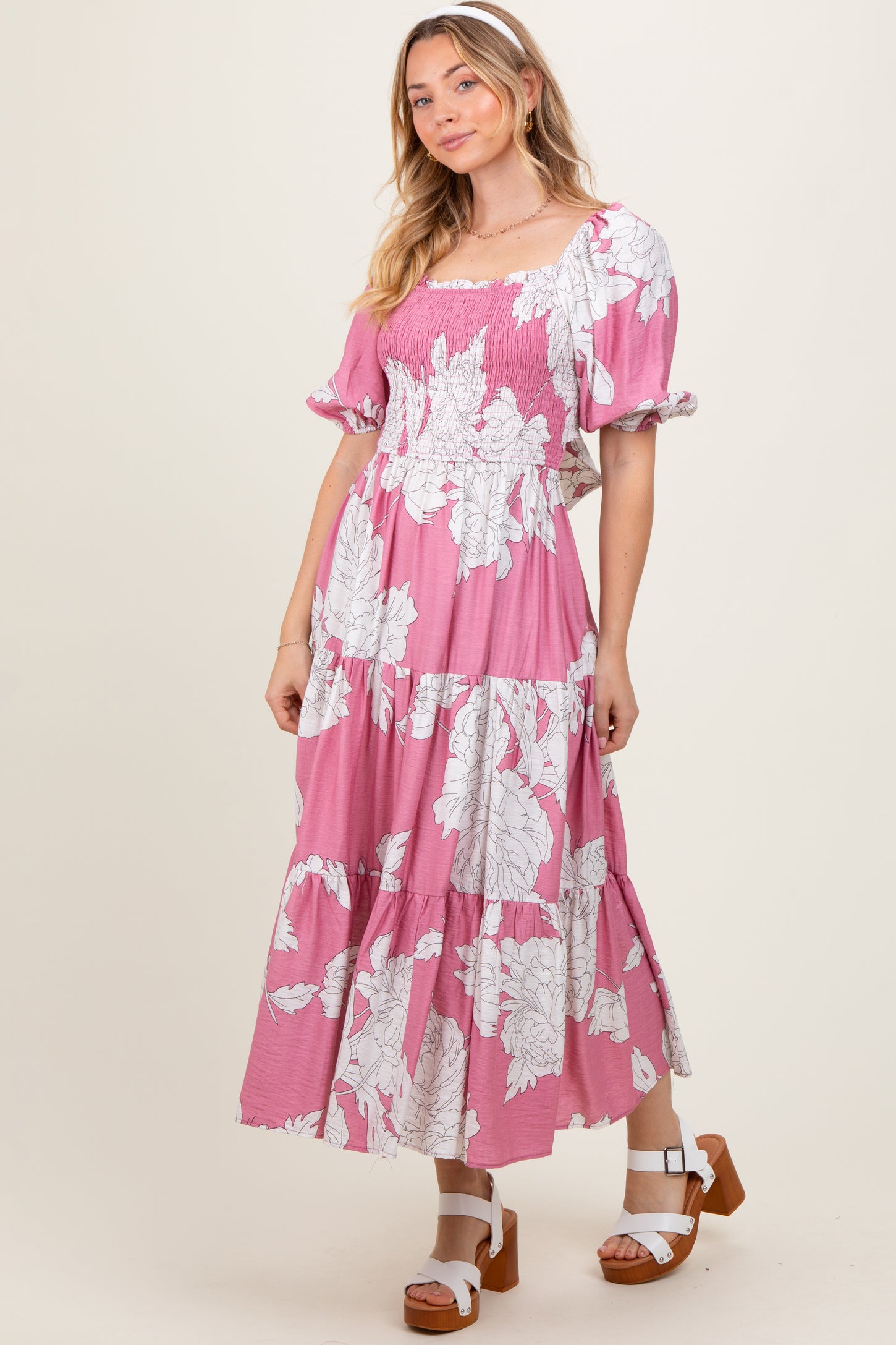 Pink Floral Smocked Front Tie Cutout Maxi Dress