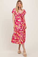 Coral Floral Front Tie Midi Dress
