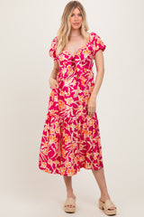 Coral Floral Front Tie Midi Dress