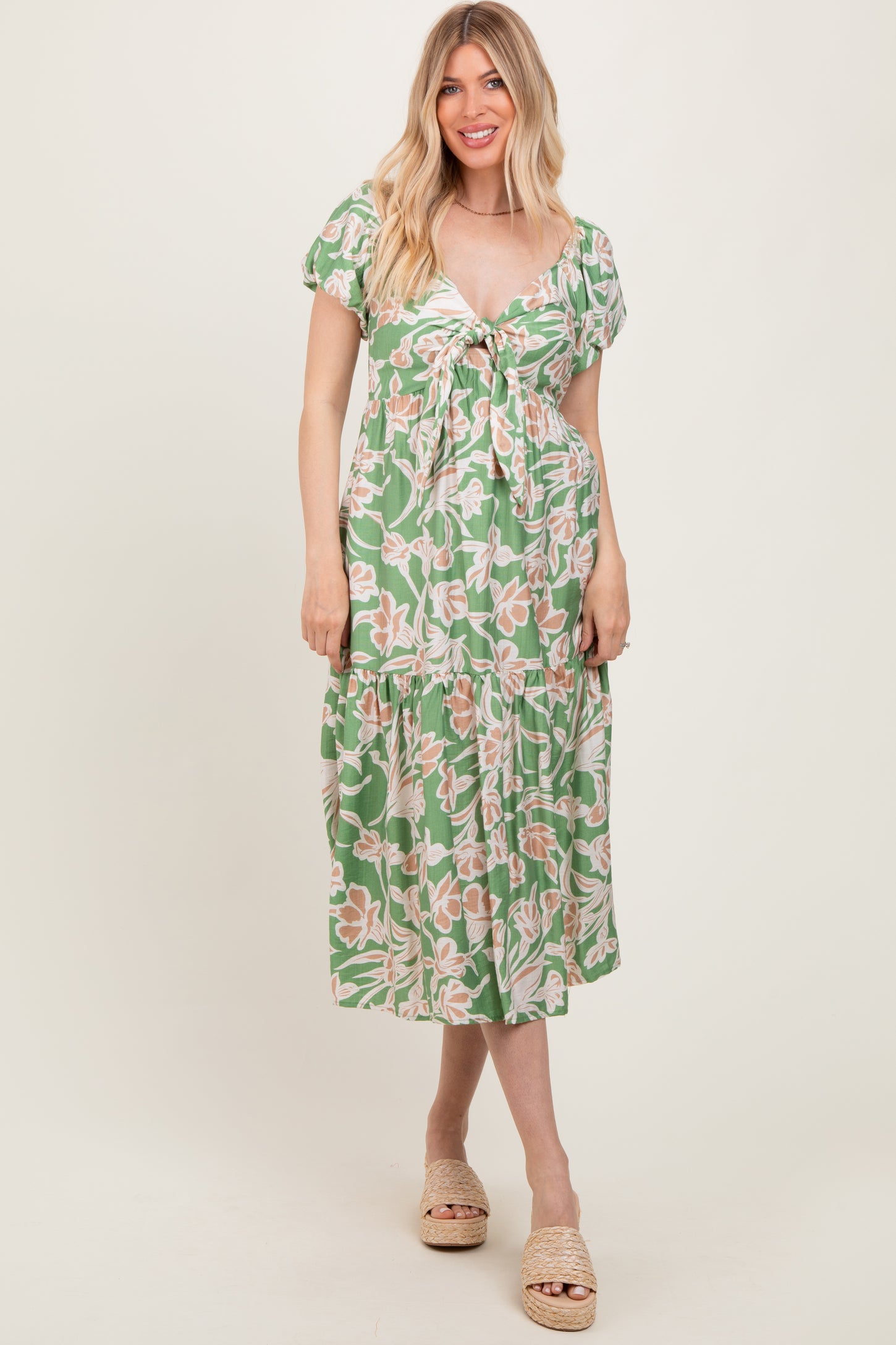 Green Floral Front Tie Maternity Midi Dress