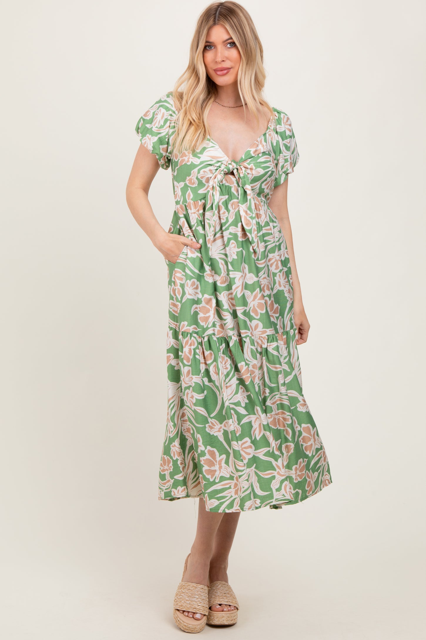 Green Floral Front Tie Midi Dress  PinkBlush