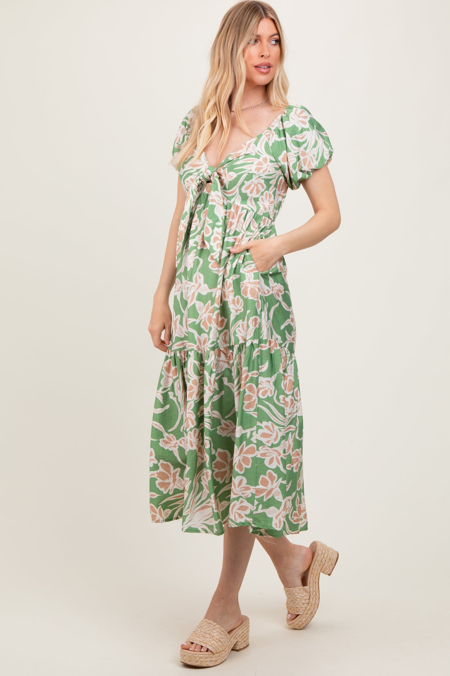 Green Floral Front Tie Midi Dress
