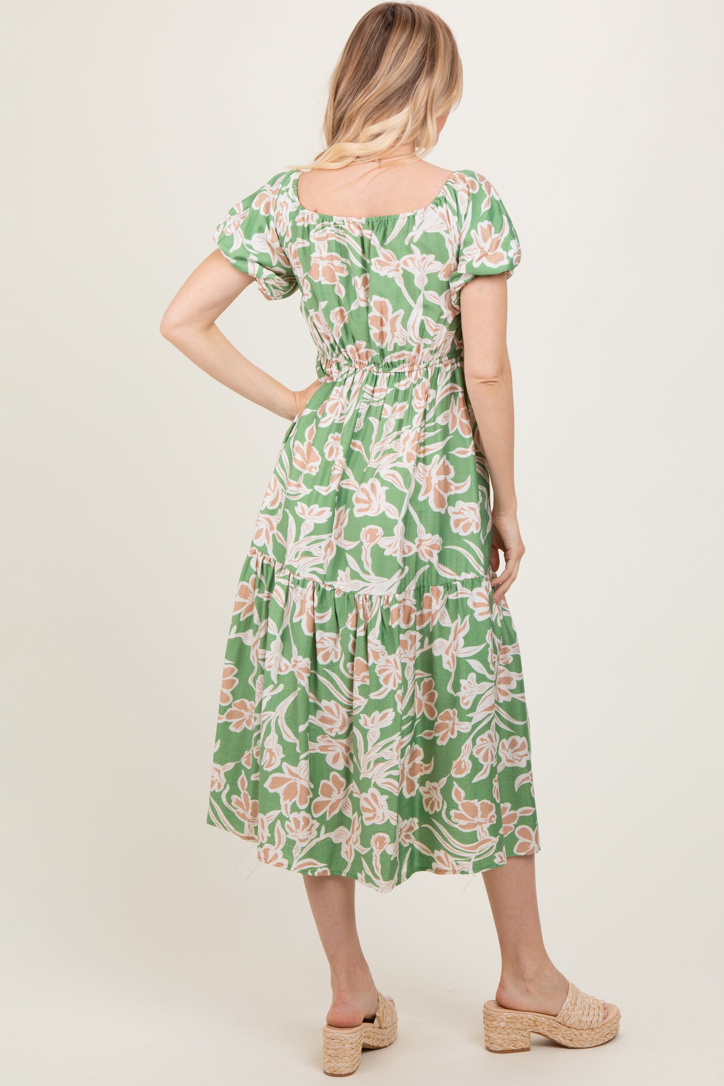 Green Floral Front Tie Midi Dress