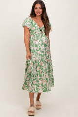 Green Floral Front Tie Maternity Midi Dress