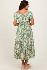 Green Floral Front Tie Maternity Midi Dress